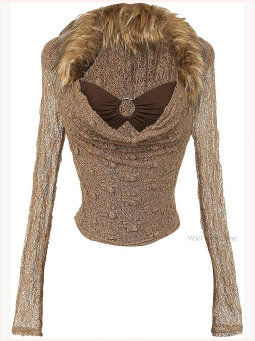 Faux Fur Cowl Neck Long Sleeve Top Sheer Ruched Y2k Blouse